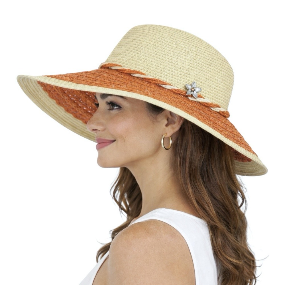 CAPPELLI Wide Brim Straw Hat Beige Orange Rope Band Chic Resortwear Vacation OS